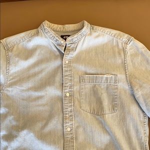 H&M light blue denim, collarless button up